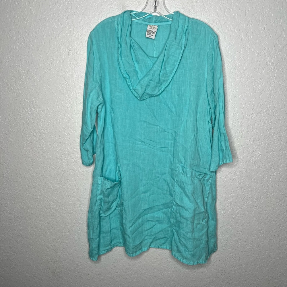 Match Point Linen Top-Style HLT482-Cowl Neck Blue Tunic Dress